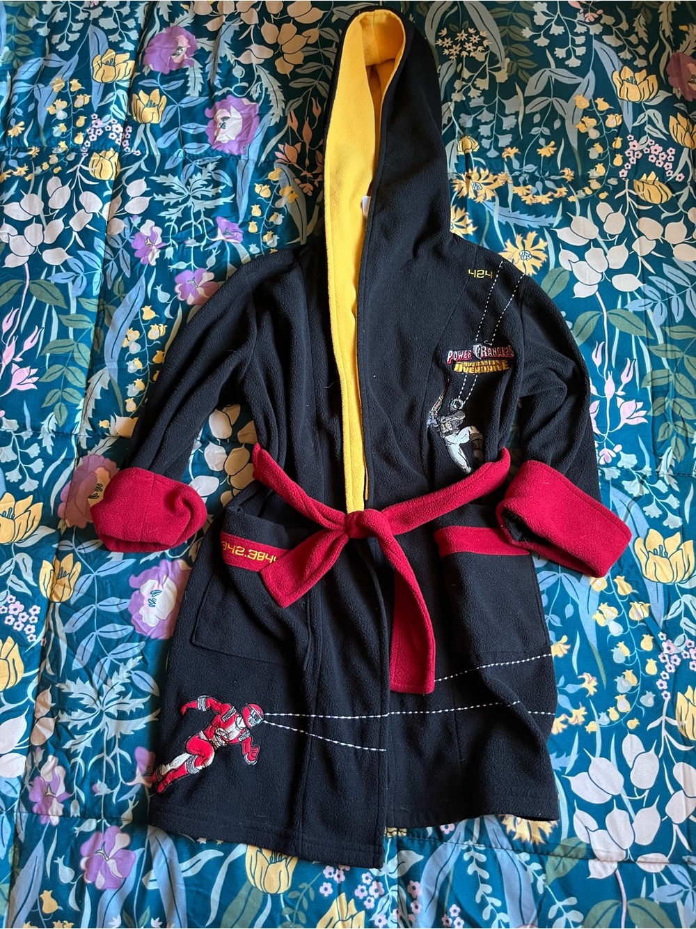 Vintage Power Ranger Kids' Black & Yellow Hooded Robe with Red Trim Size 2/3